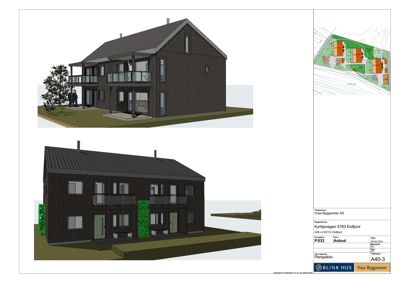 3D-visualiseringer (renderinger) av et planlagt bygg sett fra ulike vinkler, inkludert fasade og situasjon.