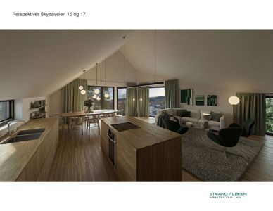 3D-visualisering (rendering) av et innvendig rom i en bolig, med overskriften 'Perspektiver Skyttaveien 15 og 17'.