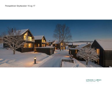 3D-visualisering (rendering) av et boligområde med snødekke, sett fra et panoramisk utsyn. Bildet viser fasader, beliggenhet og atmosfære.