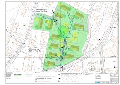 Situasjonsplan som viser tomtens grenser, stikkledninger, eksisterende og planlagt bebyggelse, samt tekniske merknader om vann og avløp.