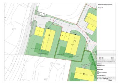 Situasjonsplan som viser tomtedeling, byggefelt (merket med bokstaver), veier og beregnet uteoppholdsareal.