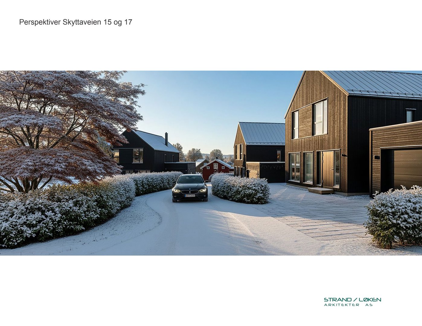 3D-visualisering (rendering) av et boligprosjekt med snødekke, sett fra en vinkel som viser fasader og omgivelser.