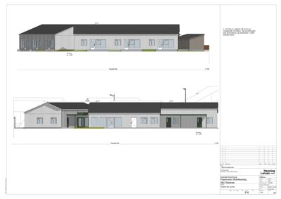 Fasadetegning som viser bygningens utseende fra to ulike vinkler (Sør og Øst).