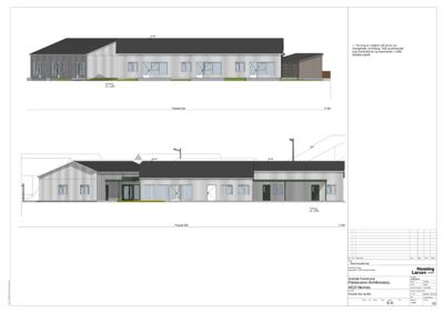 Fasadetegning som viser bygningens utseende fra to ulike vinkler (Sør og Øst).