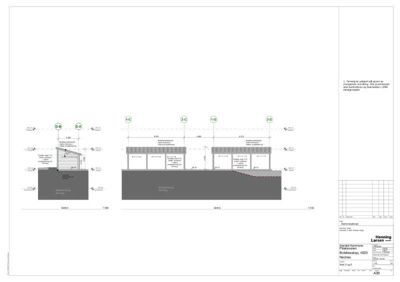 Snittegning (Snitt D og E) som viser grunnforhold, eksisterende terreng, fundament og takkonstruksjon.