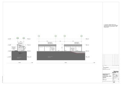 Snittegning (Snitt D og E) som viser grunnforhold, eksisterende terreng, fundament og takkonstruksjon.