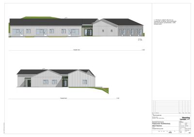 Fasadetegning som viser bygningens utseende fra to vinkler (vest og nord).