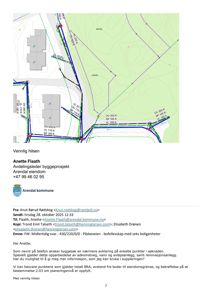 Kart over eiendomsgrenser, adkomstveier og vann/avløpsanlegg med tekniske data (CV, VL, SP) og konturlinjer.