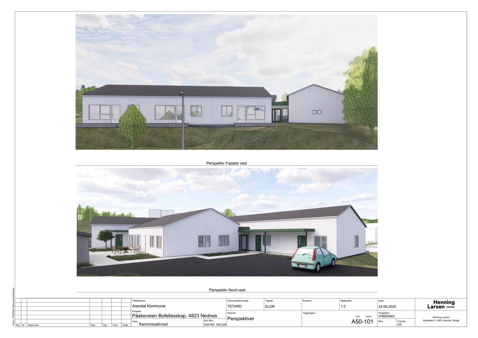 To perspektivtegninger (renderinger) av en planlagt bygning sett fra vest og nord-vest.
