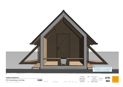 3D-visualisering (perspektiv) av en sanitærbygning sett fra fronten, med synlig takkonstruksjon og innvendig dør.