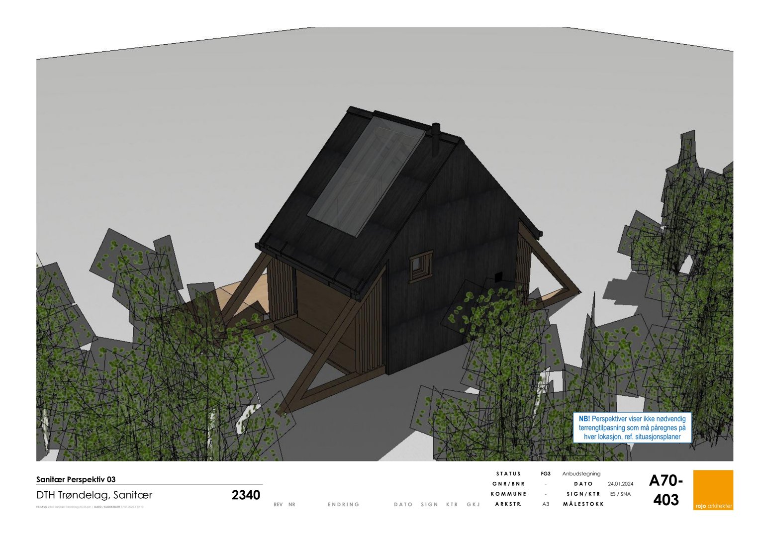3D-perspektivtegning (rendering) av en planlagt bygning (Sanitær) sett fra utsiden, inkludert omgivende terreng og vegetasjon.