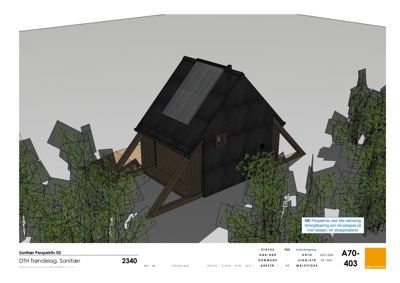 3D-perspektivtegning (rendering) av en planlagt bygning (Sanitær) sett fra utsiden, inkludert omgivende terreng og vegetasjon.