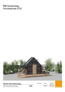 3D-visualisering av et sanitæranlegg (ettasjes bygning) sett fra utsiden, med omgivende vegetasjon.