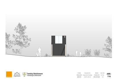 Fasadetegning av en dagsturhytte med omgivende landskap og figurhøyder for skala.