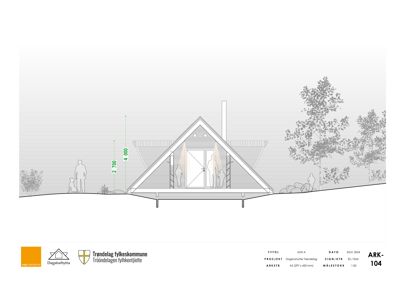 Fasadetegning (opprikk) av en dagsturhytte sett fra fronten, med mål og omgivelsesser.