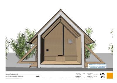 3D-visualisering (rendering) av en sanitærbygning sett fra fronten, med omgivende vegetasjon.