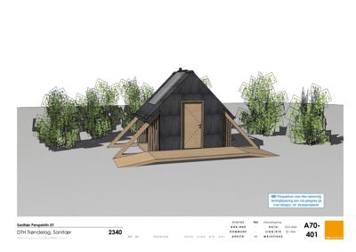 3D-visualisering (rendering) av en liten bygning (sanitær) sett fra utsiden, med omgivende vegetasjon.