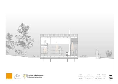 Snittegning (Snitt E) som viser bygningens indre romfordeling, høyder og konstruksjon sett fra siden.