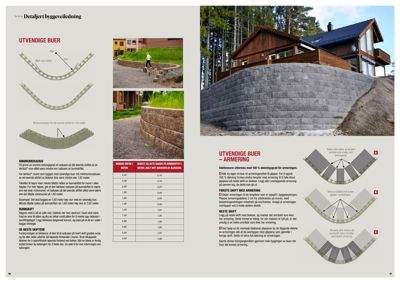 Fotografier av en ferdig bygning med utvendige buer og armert fundament, illustrerende byggeveiledningen.