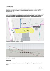 Bildet viser et utklipp fra en situasjonsplan som illustrerer eiendomsgrunnlinjer, mål på eiendommen (18,0 m x 5,4 m) og en terrengprofil.
