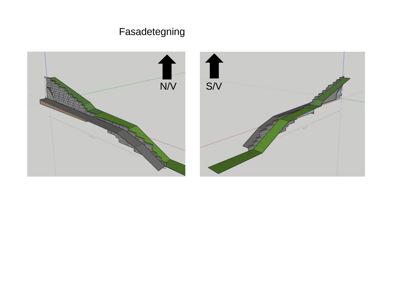 Fasadetegning som viser to perspektiver (N/V og S/V) på en skrående fasade med grønt tak og murverk.