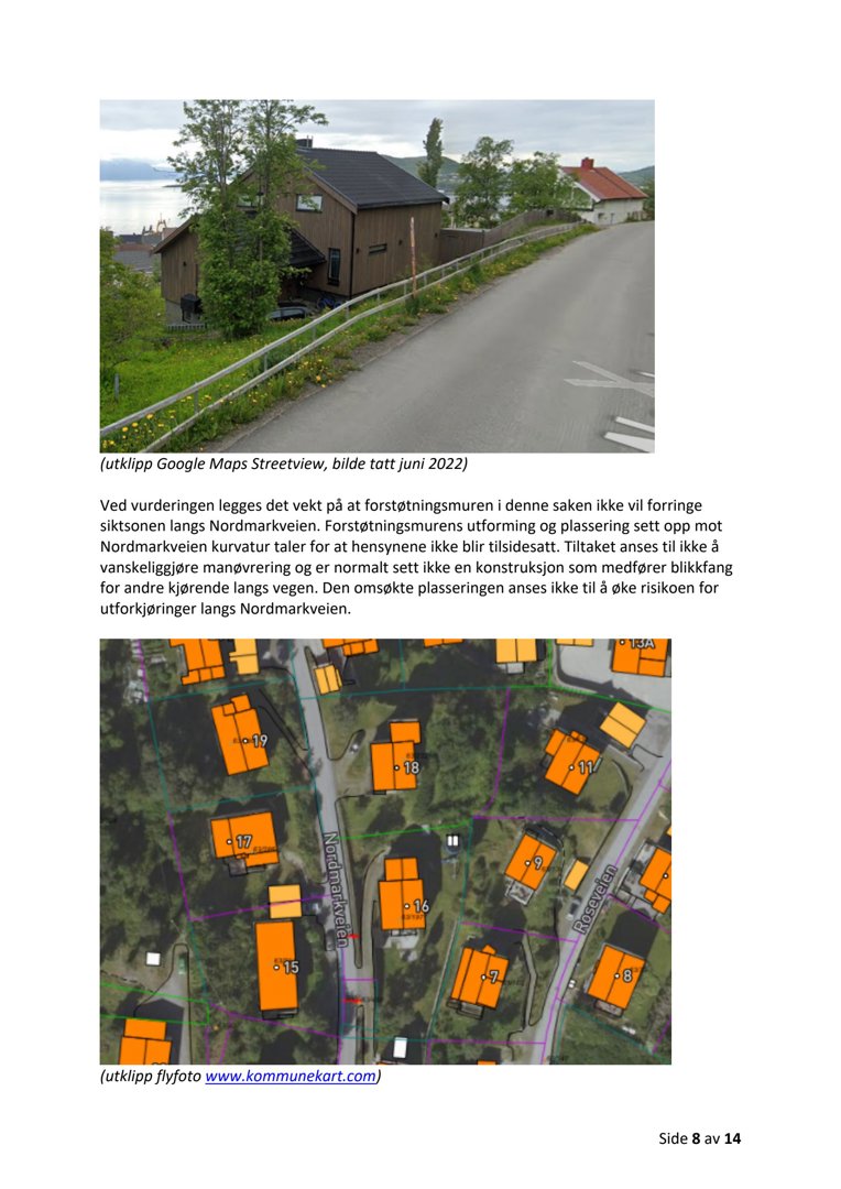 Bildet viser to fotografier: øverst et Streetview-bilde av en bygning og nederst et flyfoto med overlagte tomtegrenser.