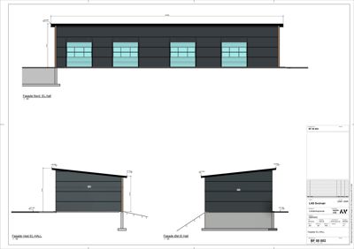 Fasadetegning som viser bygningens utseende fra nord, vest og øst med mål og detaljer.