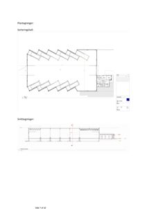 Bildet viser en side fra en tegningspakke som inneholder en plantegning av 'Sorteringshall' og en snittegning.