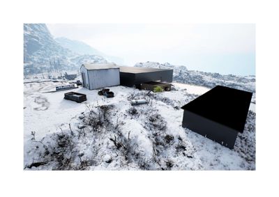 3D-visualisering av en bygning i et snødekt landskap med fjell i bakgrunnen.