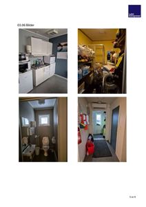 Fotografier av eksisterende rom (kjøkken, lager, toalett, gang) i en bygning.