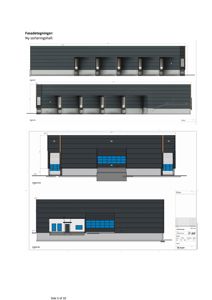 Fasadetegninger for en ny sorteringshall, som viser utsiden av bygningen med dører, vinduer og materialvalg.