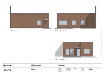 Fasadetegning som viser bygningens utseende fra tre sider (Vest, Øst, Sør) med vinduer, dører og fasadematerialer.