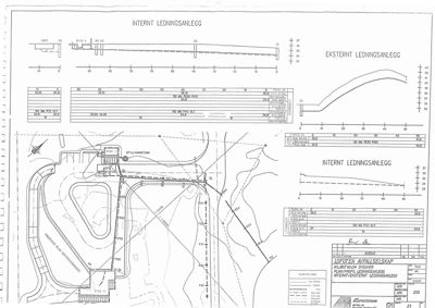 Tegning som viser detaljerte dimensjoner og oppsett for et internt og eksternt ledningsanlegg, inkludert tabeller med lengder og høyder.