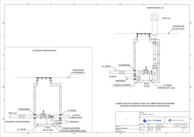 Tegning som viser detaljert snitt gjennom en brannhydrant og tilkobling til vannforsyning, inkludert høyder, rørtyper og konstruksjonsdetaljer.