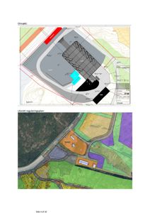 Bildet viser to situasjonsplaner (tomtekart). Øverste del er en 'Omsøkt' plan med detaljerte bygninger og vegger, mens nederste del er et 'Utsnitt reguleringsplan' som viser bygningene i forhold til omgivelsene og nabolaget.