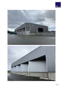 Fotografier av en industribygning sett fra utsiden, med to bilder som viser ulike vinkler på fasaden.