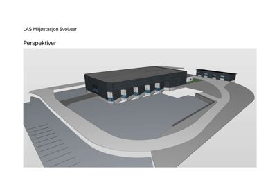3D-visualisering (rendering) av en bygning kalt 'LAS Miljøstasjon Svolvær' sett fra et perspektiv.