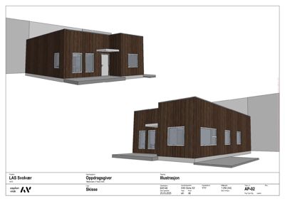 3D-visualisering (rendering) av en bygning sett fra to ulike vinkler. Bildet viser fasadebehandling, vindusoppsett og inngang.