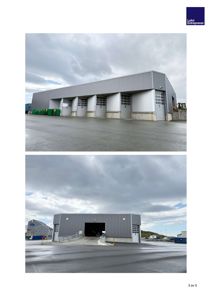 Fotografier av en industriell bygning sett fra utsiden, med to bilder som viser ulike vinkler på samme eller tilhørende anlegg.