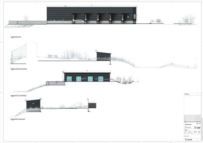Fasadetegning som viser bygningens utsyn fra ulike vinkler (for, side og bak) med detaljer om fasadematerialer, vinduer og terrengforhold.