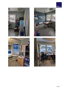 Fotografier av et kontorrom med møbler, vinduer og utstyr.