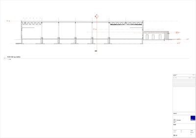 Snittegning som viser tverrsnitt gjennom en bygning (hall og vektbu) med konstruksjonsdetaljer.