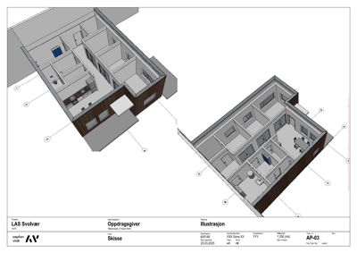 3D-visualisering (rendering) av et hus sett fra en vinkel som viser både fasade og innvendig romfordeling.