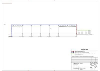 Snittegning som viser bygningens tverrsnitt, bæresystem og konstruksjonsdetaljer.