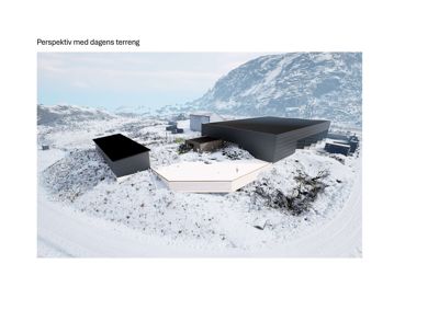 3D-visualisering (rendering) av en nybyggning sett fra utsiden, med dagens terreng og snødekke.