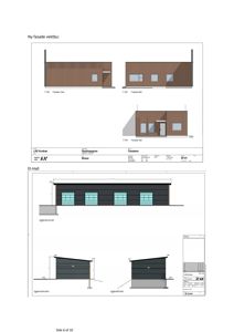 Tegning som viser fasadeoppsett for en ny vektby (Fasade Vest, Øst, Sør) og en El-Hall bygning.