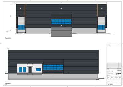 Tegning som viser fasadeoppsett for bygningen sett fra nord og sør. Tegningen inneholder mål, materialvalg og detaljer for vinduer og inngang.