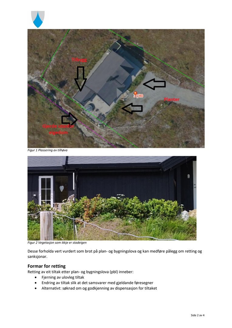 Bildet viser en fotokollasje med to bilder: øverst et flyfoto av en bygning med markeringer (tillegg, planter, fjerning), og nederst et fotografi av bygningens fasade med vegetasjon foran. Under bildene er det tekst som beskriver forholdet til plan- og bygningsloven.