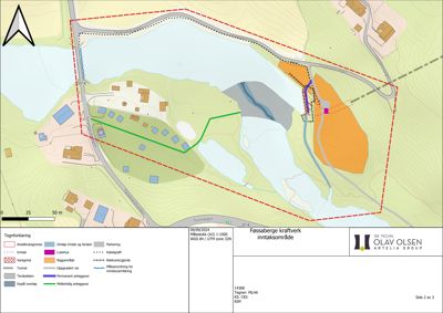 Situasjonsplan som viser Føssåberge kraftverks inntaksområde med omgivende terreng, vei, vann og anleggsgrenser.