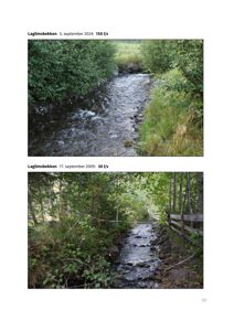 Fotografier av Laglimsbekken med vannføringstall for to ulike datoer.